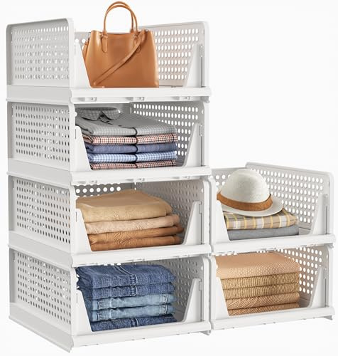 SIMPDIY Wardrobe Storage Organiser, Wardrobe Shelves, 6 Pack Stackable Storage Baskets Boxes for Clothes, Folding Plastic Cupboard Organiser for Bedroom Wardrobe Bathroom