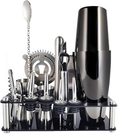 Cocteleras Mezclador de acero inoxidable Boston de 800/750/600/550ml, herramientas para barman, juego de coctelera, receta con soporte para vino Juego de Cocktail Shaker(13Pc-BB-800I600ml-RG)