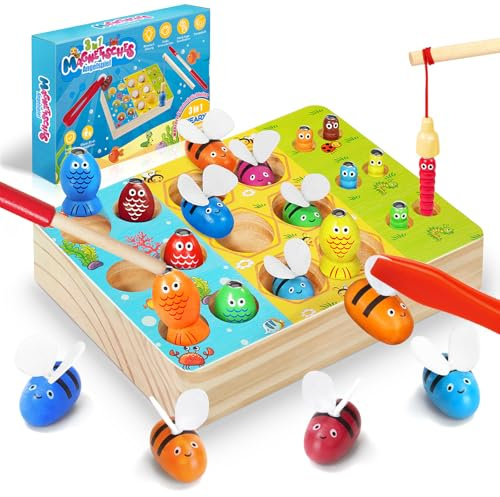 WEARXI Montessori Spielzeug ab 2 Jahre, 3 in 1 Holz Motorikspielzeug Magnetische Angelspiel, Spiele ab 2 Jahre, Kinderspielzeug ab 2 Jahr, Geschenke zur Einschulung, Mädchen Junge Geschenke für Kinder