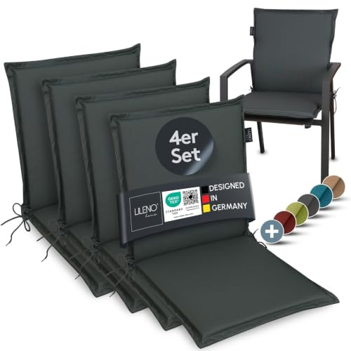 LILENO HOME Gartenstuhl Auflagen [4er Set - Niedriglehner] in Anthrazit | bequeme Liegen als Sitzauflagen für Gartenmöbel - Stuhlkissen für Gartenstühle und Klappstühle MIA