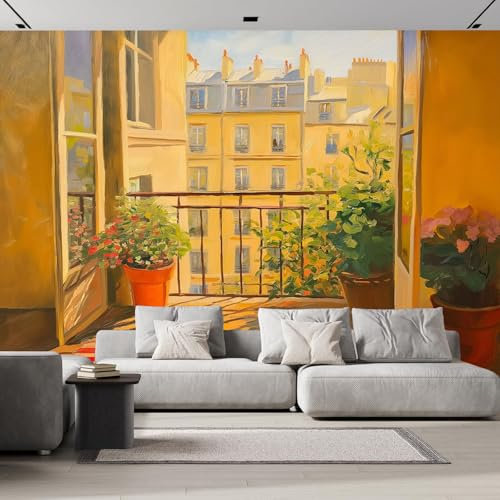 DLERFLOVR Papier Peint Vue Romantique De La Fenêtre, 300x210cm Papier Peint Panoramique Appartements À Paris Murale Poster Tableaux Photo Muraux pour Salon Chambre à Coucher Maison Décoration