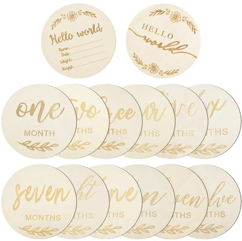 BaYiToo 14PCS Monthly Milestone Marker Discs, Wooden Milestone Cards Months Signs for Announcement and Milestones, DIY Arts & Crafts, Gifts, Decoration, Ornaments