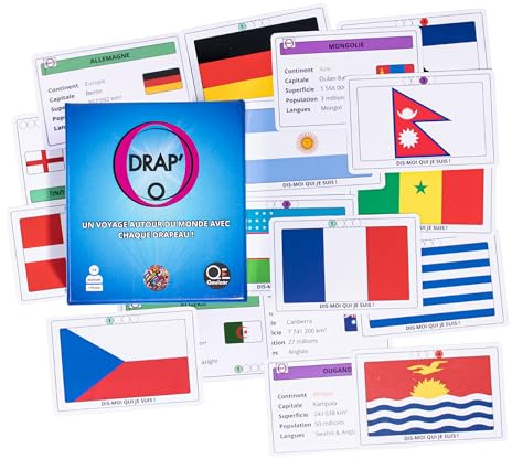 QE Qouizar Drap'O - Gioco di Carta: Bandiere del Mondo | 208 Paesi | Capitali, Lingue, Continenti. Geografia e strategia | 4 Livelli di difficoltà | per bambini e adulti - Gioco educativo