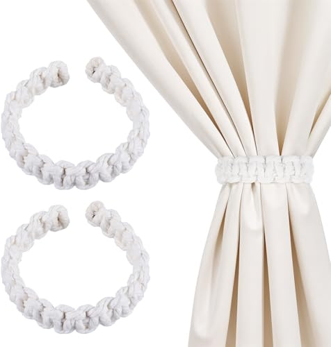 2 Pack Boho Curtain Tiebacks, White Braided Curtains Holdbacks Flexible Lightweight Curtain Tie Backs for Curtains for Home Outdoor Bedroom Office Decorative