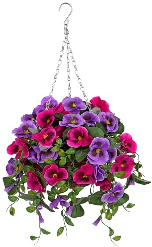 Briful Artificial Hanging Basket Pansy Flowers Outdoor – 25.5” UV-Resistant Hot Pink & Purple Hanging Plant with 15.3” Full Bloom Ball, Trailing Faux Flowers for Porch, Balcony, Patio & Garden Decor
