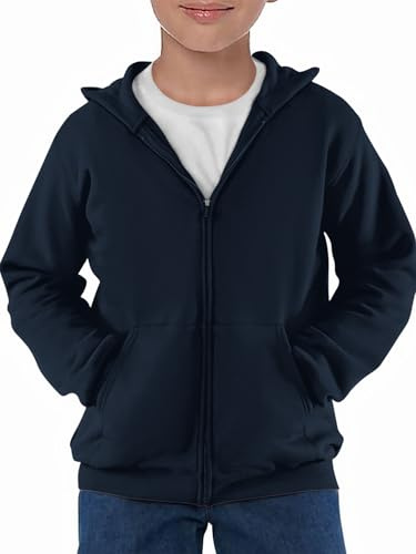 Haloumoning Veste à capuche garçon à manches longues avec fermeture éclair, sweat à capuche enfant uni, sweat-shirt sportif, veste décontractée basique avec zip, bleu foncé, 9-10 ans