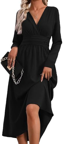 QUNERY Abito Donna Autunno/Estivo Manica Lunghe/Corta Vestiti Vita Alta A Line Abiti Scollo a V Elegante Vestito Estivi Lunghi Casual Abito Spiaggia B-Nero M