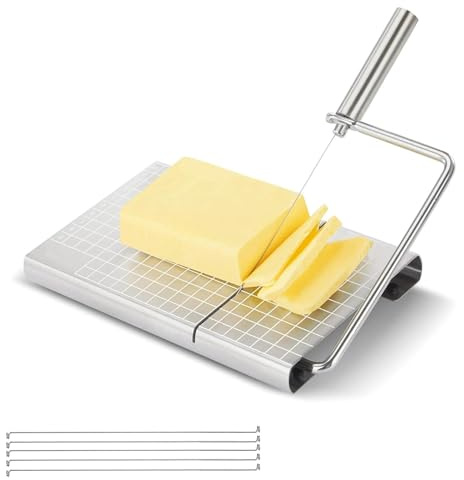 SHENGYIG Auswechselbarer Käseschneider mit Draht | Käsehobel mit Brett und Messgitter, Einstellbare Dichtigkeit aus Edelstahl für Blockkäse-Spülmaschinenfest, mit 4 Extra