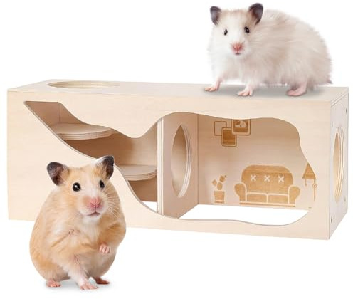 FARYODI Cachette en bois pour hamster avec chambre et tunnel, maison pour petits animaux, hamster, jouet d'exploration pour petits animaux tels que hamsters, hérissons, rats et souris