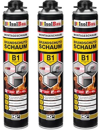 Isolbau - Bauschaum B1 - Montageschaum - PU-Schaum 3 x 750 ml - Pistolenschaum - 1K Brandschutzschaum - Dämmschaum - Abdichtung, Wärmedämmung und Schalldämmung