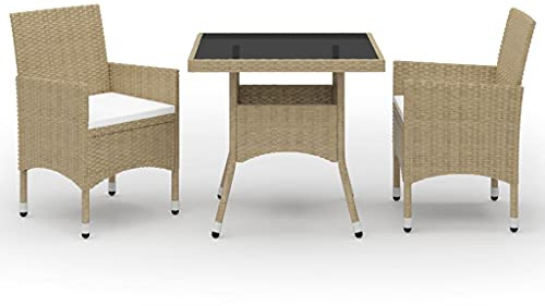 Holamys Set di 3 mobili da giardino in polyrattan e vetro, resistente alle intemperie, con 2 comode sedie, tavolo da pranzo e tappezzeria per balcone, terrazza, mobili da giardino