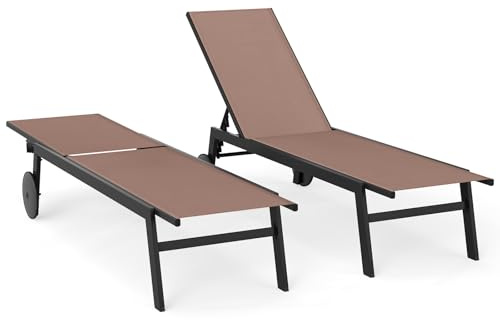 COSTWAY Lettino Prendisole da Giardino, Sdraio da Patio con Schienale Regolabile a 6 Posizioni, Tessuto Traspirante, 2 Ruote, per Piscina, Terrazza e Giardino, Portata 150 kg (Marrone,2)