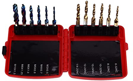 LOCADENCE Set di 12 punte combinate per maschi, utensili per maschiatura con gambo esagonale da 1/4, HSS, placcatura blu metrica, placcato Ti imperiale, per forare filettature