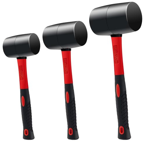 3 Pack Rubber Mallet Set (24/16/8 oz) – Non-Marring Dead Blow Hammer with Fiberglass Handle & Non-Slip Grip, Soft Face Mallets for Tent Stakes, Flooring, Tile Setting, Carpentry & Auto Repair