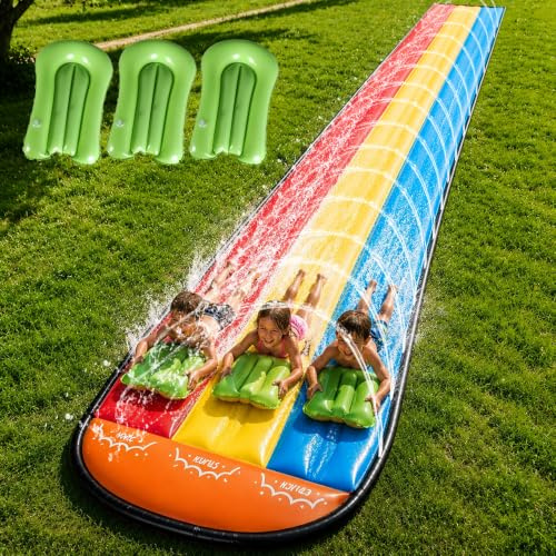 KUWUNG Lane Slip and Slide, Water Slide for Garden with 3Bodyboard, Build in Sprinkler, Slip n Slides for Backyard Outdoor Water Fun for Kids Adults, Summer Water Toy (480x210cm)