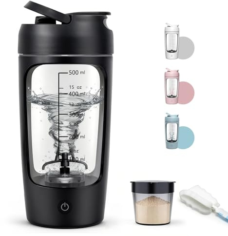 Shaker Elektrisch, 650ML Elektrischer Shaker mit Pulverfach, Auslaufsicher | Eiweiß Shaker Elektrisch für Eiweißpulver und Whey, USB-C Aufladbarer, Tragbarer, Tritan, BPA-frei, Schwarz