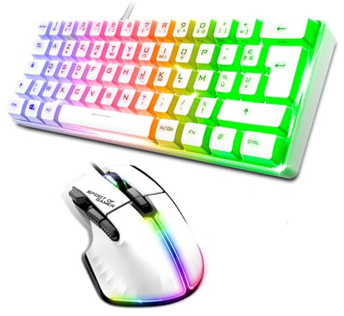 Spirit Of Gamer, Pack Clavier Souris Gamer Filaire RGB Blanc, Clavier Semi-Mecanique Format Compact TKL 60%, Souris Gaming 8 Boutons Programmables avec 13 Effets de Rétroéclairage