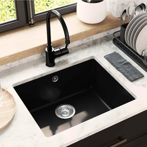 Kaloriko Lavabo negro 530 x 460 mm de 80% cuarzo y 20% resina, fregadero empotrable para bajo encimera con escurridor, fregadero de granito resistente a los arañazos para cocina, fregadero robusto con