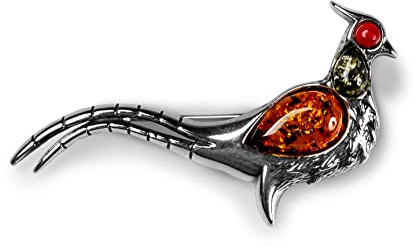 Pheasant Brooch Pin Silver Baltic Amber, Safety pin brooch, Scarf brooch, Lapel brooch, Ladies and men brooches, Fashion designer silver brooch, Bird Brooch