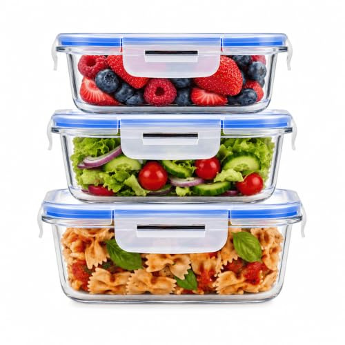 Sendez 6tlg. Frischhaltedosen 1x1L 2x500ml Glasbehälter Glas Lunchbox Vorratsdosen Brotdose luftdicht BPA-frei mit 4-fach-Klick-Verschluss Silikon-Dichtungsring