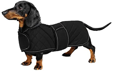 Geyecete - Warmer wintermantel für dackel Hunde,Hunde Winterjacken mit plüschfutter,Outdoor jacken mit verstellbaren gürtel und Kabelbaumloch,für mittelgroße und Kleiner dackel-Schwarz-L