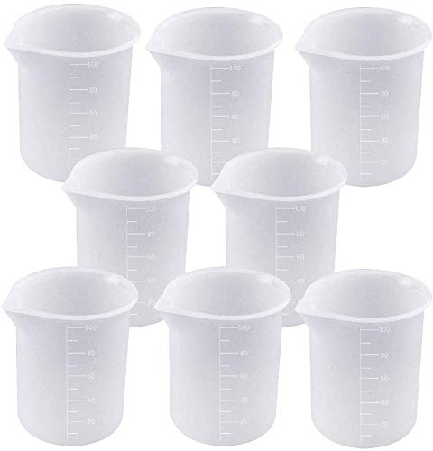 VOARGE 8 vasos medidores de silicona, 100 ml, vasos medidores de plástico, vasos de graduación para laboratorio, para manualidades, resina epoxi, moldes de fundición para arte y cocina
