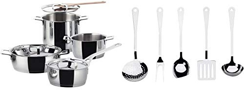 Alessi Pots&Pans AJM100S7 Batteria Set di Pentole di Design, Acciaio, Inox, Fondo Magnetico, 7 Unità & AJM19S5 L Set di Mestoli da Cucina di Design in Acciaio Inossidabile 18/10, 5 Pezzi