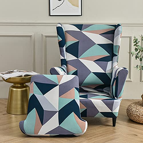 Highdi 2 Teilig Ohrensessel Überzug, Sessel-Überwürfe Ohrensessel Schonbezüge Bezug Sesselhusse Elastisch Stretch Tiger Stuhlbezug mit Armlehne Hohe Rückenlehne Universal (Bunte Geometrie)