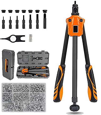 Nietmutternzange Set, Professioneller Nietpistole Nietzange Set Doppelgriff Nietpistole mit 7 PCS Austauschbare Dorne Metrische M3-M12, Nietenzange, Nietzange inkl 400 Nieten