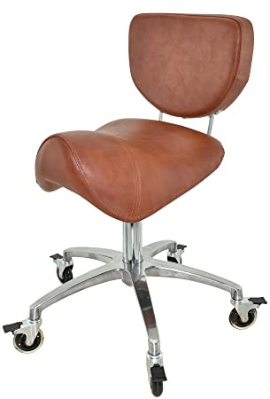 VAKON SALON - Premium Sattelhocker Hellbraun mit Bremse und Lehne, Sattelstuhl für Rückenentlastung, Rollhocker höhenverstellbar von 50-65 cm, Praxishocker, Bürohocker