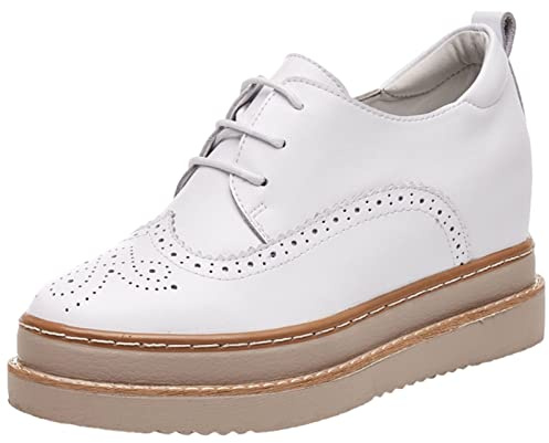ANUFER Women's Genuine Leather Platform Hidden Wedge Heel Sneakers Lace-Up Brogue Casual Shoes White SN070508 EU39.5
