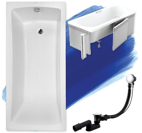 BADLAND Badewanne Original Weiß Acryl Wanne Rechteck OPTIMA 160x70 KOMPLETTSET SET mit Premium Styroporverkleidung + Füßen und Exklusive Chrom Automatik Ablaufgarnitur Made in EU 4in1