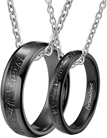 KnSam 2 Stück Partner Ketten für Sie und Ihn Wolfram, Schwarz Ketten Pärchen mit Ring Anhänger 4/6MM Kohlefaser für Damen Herren, Frau 50cm Mann 60cm, Größe Damen 54 Herren 62