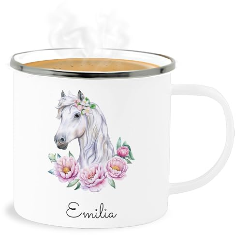 Emaille Becher Blechbecher - Pferde - Pferdekopf Motiv mit Name personalisiert I Pferdemotiv I Pferd Name - 300 ml - Weiß Silber - tasse pferden pferdemädchen tassen