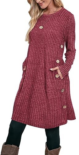 Aokosor Jumper Dress for Women Casual Dress Ladies Long Sleeve Long Dress with Pockets Side Buttons Tunic Tops Red Size 18-20, XL