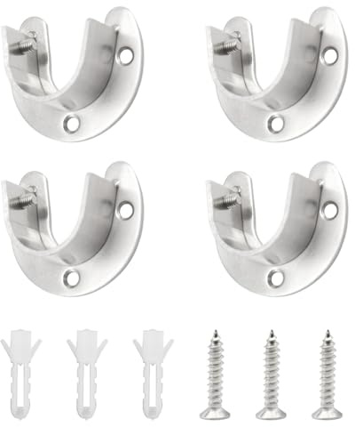 Yosawo 4 Stück Rundrohr Halterung， Stangenhalterung Edelstahl Verstellbar ，U-Form Sockelflansche mit Schraube Für Kleiderschrank, Schrank, Balkon,Badezimmer（Silber/32mm）