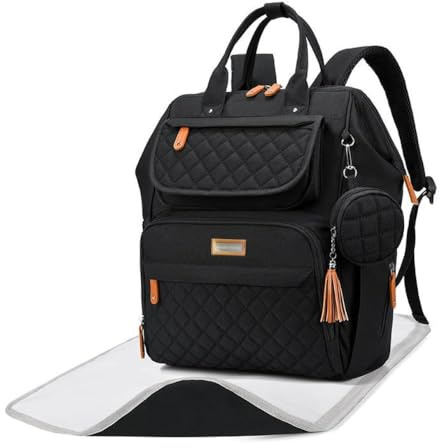 Wickelrucksack, Mutterschaftstasche für Eltern, inklusive Wickelunterlage und Kinderwagengurten und Schnullerbox, große Windeltasche, Multifunktionstasche, Schwarz, Unisex Reisetasche, Schwarz