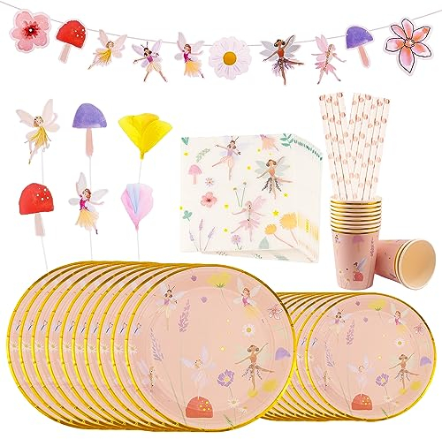 FAELNK Vajilla de Fiesta de Hadas Vajilla Cumpleaños Infantil Decoracion para Fiesta Cumpleaños Baby Shower Aniversario Navidad 10 Invitados