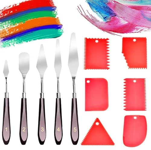 11 Pezzi Coltelli di Pittura Set, 5 Spatole per Pittura, 6 Spatole Coltello, Spatole Pittura a Olio Set, Coltello Pallet, Acciaio Inox Palette Knife Set, Strumenti Pittura per Principianti, Studenti