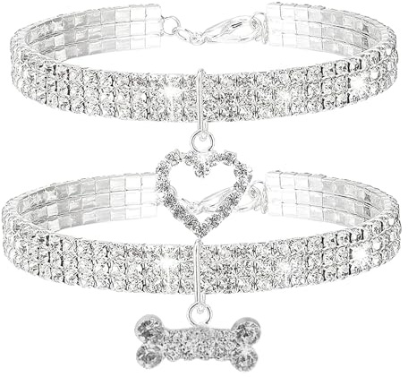 HALFSUMO 2 Stück Kristall Haustier Halsband Hundehalsband mit Strass Glitzernde Strass welpenhalsband katzenhalsband für Kleine Hunde und Katzen Weiß L