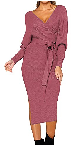 Women's MIdi Dresses Elegant Long Sleeve Cocktail Wrap Dress with Belt V Neck High Waist Long Sweater Dress Casual Solid Color Bodycon Autumn Dress Lightweight Knitted Jumper Dress for Women Winter