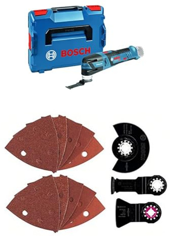 Bosch Professional 12V System Akku Multi-Cutter GOP 12V-28 (inkl. Starlock-Werkzeugaufnahme, in L-BOXX 102) + 13tlg. Starlock Universal-Set (für Holz, Metall und Farbe, Sägen, Schleifen, und Schaben)