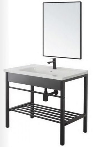 Bagno Italia Mobile bagno a terra metallo nero specchio e lavabo in ceramica cm 80