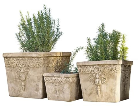 Loberon Übertopf 3er Set Bissone, DREI Größen, kunstvolle Ornamente, mediterrane Optik, mit Ablaufloch, Gartenzubehör, Pflanzgefäß, Ton, terrakotta