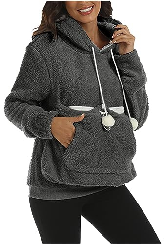 Ewleguzka Sweat à capuche en polaire avec oreilles de chat - Pull à manches longues - Sweat ample surdimensionné - Taille britannique - Poches kangourou, Gris foncé., XXL