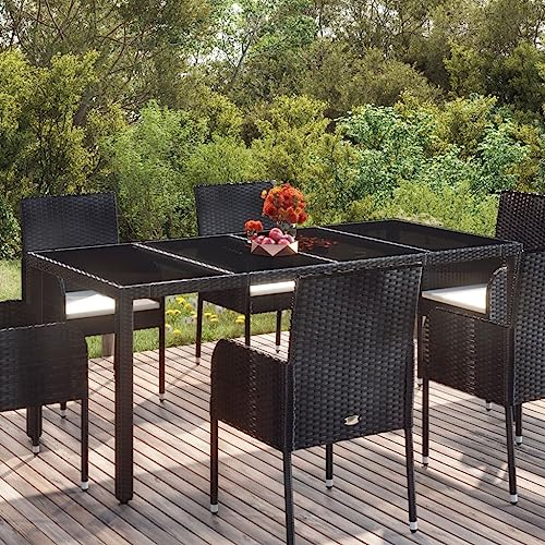 HEFZGDB Gartentisch mit Glasplatte Schwarz 190x90x75 cm Poly Rattan Campingtisch Gartentisch Balkontisch Geeignet für Gärten, Terrassen, Decks.