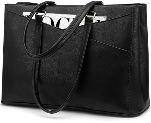 LOVEVOOK Laptop Bags for Women Tote Bag 15.6 Inch, Ladies Handbags PU Leather Work Bag for Office Business Shopping, Large Womens Hand Bag with Laptop Compartments, Black