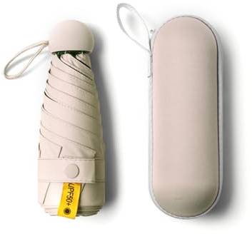 Hinapan 1 pieza de mini lluvia de viaje, pequeño paraguas con cápsula, pantalla de lluvia de bolsillo, parasol portátil ligero, protección UV, para mujeres, hombres, niños (Beige)