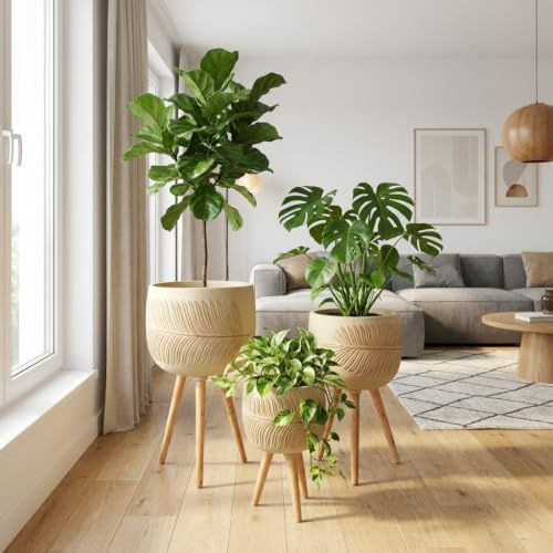 NATINDESIGN Palmen Blumentopf mit Beinen 3er Set mit Blattmuster | Palmen Topf für Innen und Außen Blumentopf für Palmen mit Blattmuster