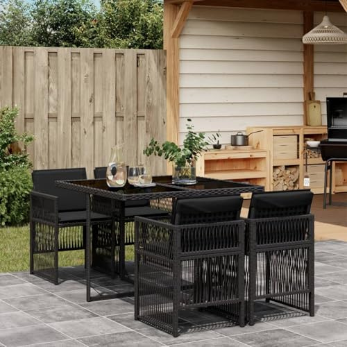 IKAYAA 5 TLG. Garten-Essgruppe mit Kissen Schwarz Poly Rattan,Balkon Sitzecke,Garten Essgruppe,Sitzgruppe Garten,Sitzecke Balkon,Balkon Tisch Und Stühle,Dining Lounge Outdoor,Essgruppe Garten